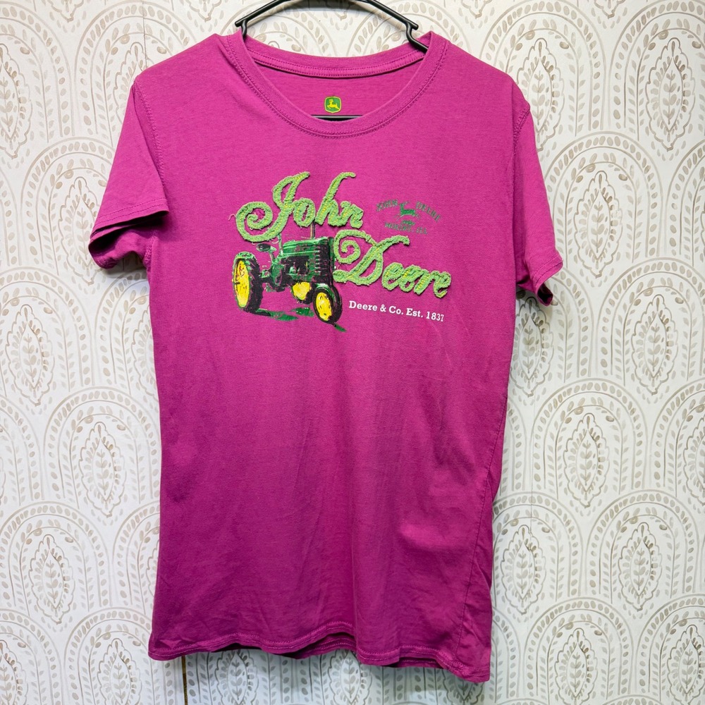 John Deere Graphic Tee Women Large Short Sleeve Tractor Applique Cotton Shirt